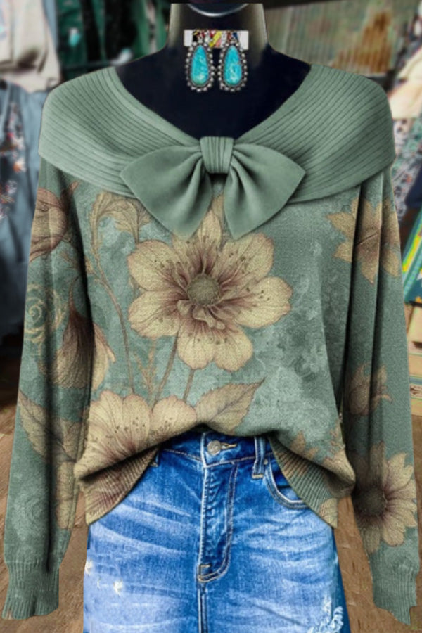Elegant Floral Pattern Bow Detailed Sweater