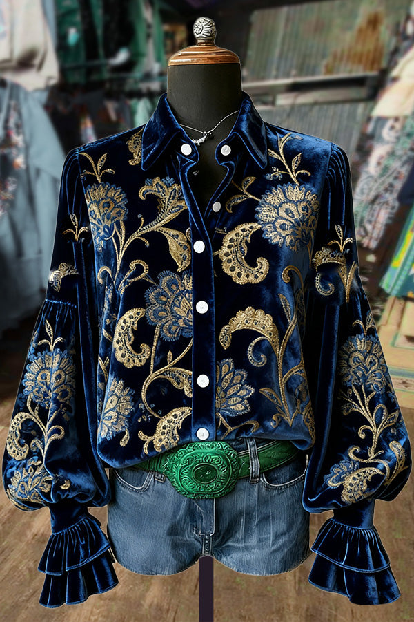 Vintage Floral Print Velvet Top