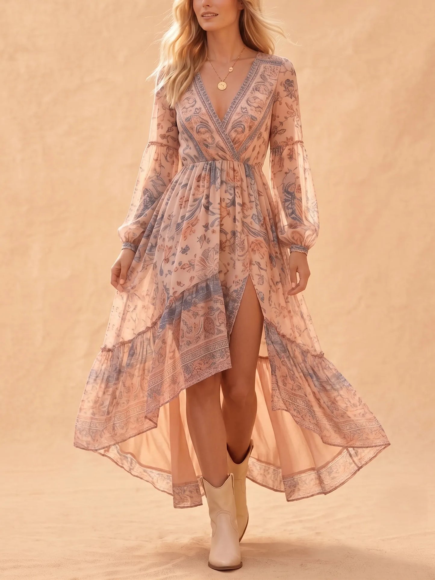 Charcoal Brown Vintage Paisley Chiffon Surplice V-Neck Bishop Sleeve High-Low Tiered Maxi Dress