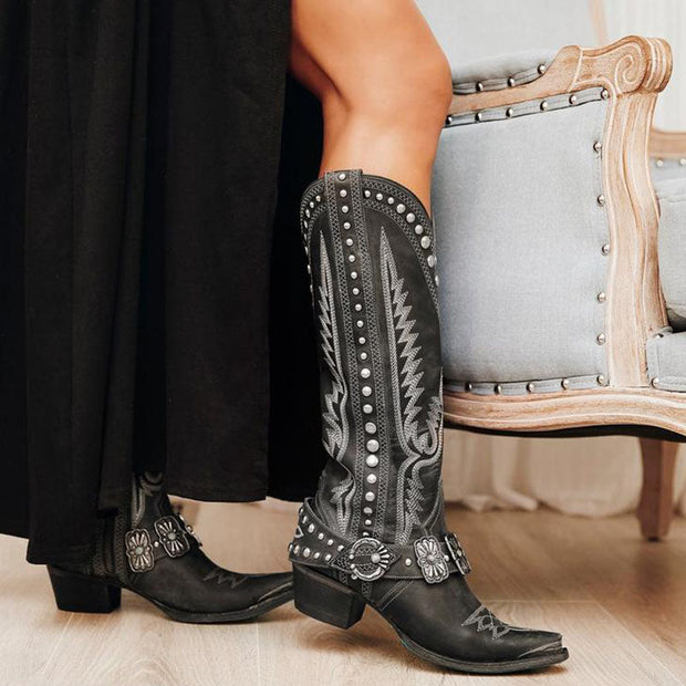 Western Style Stud Embroidered Boots