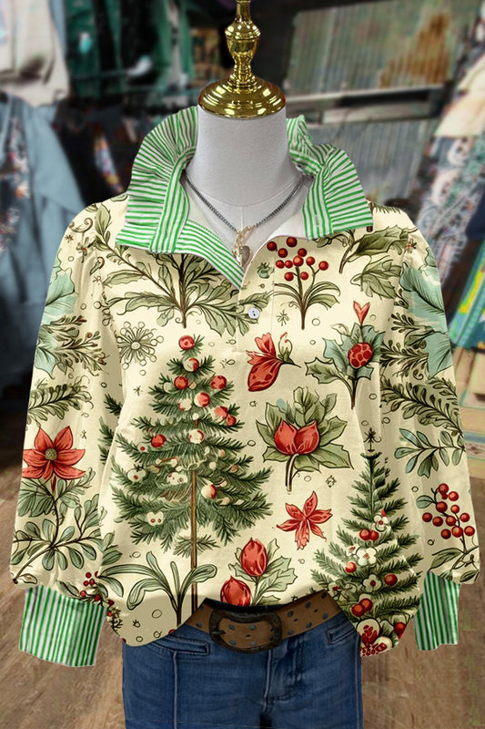 Vintage Christmas Tree Print Striped Long Sleeve Top