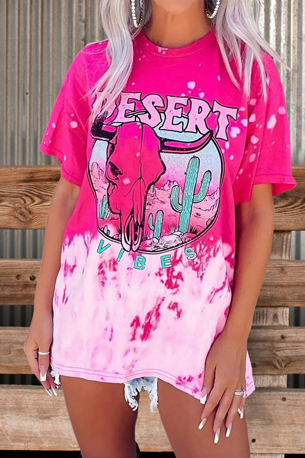 Retro Cow Head Tie-Dye Crew Neck T-Shirt