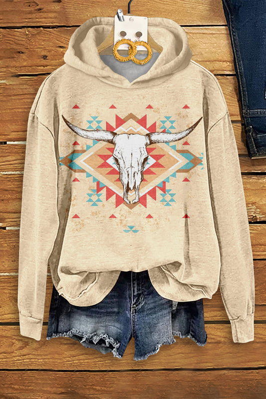 Casual Longhorn Print Long Sleeve Hoodie