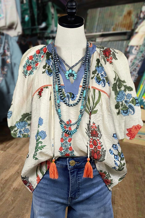 Floral Print Tassel Tie Half Sleeve Top