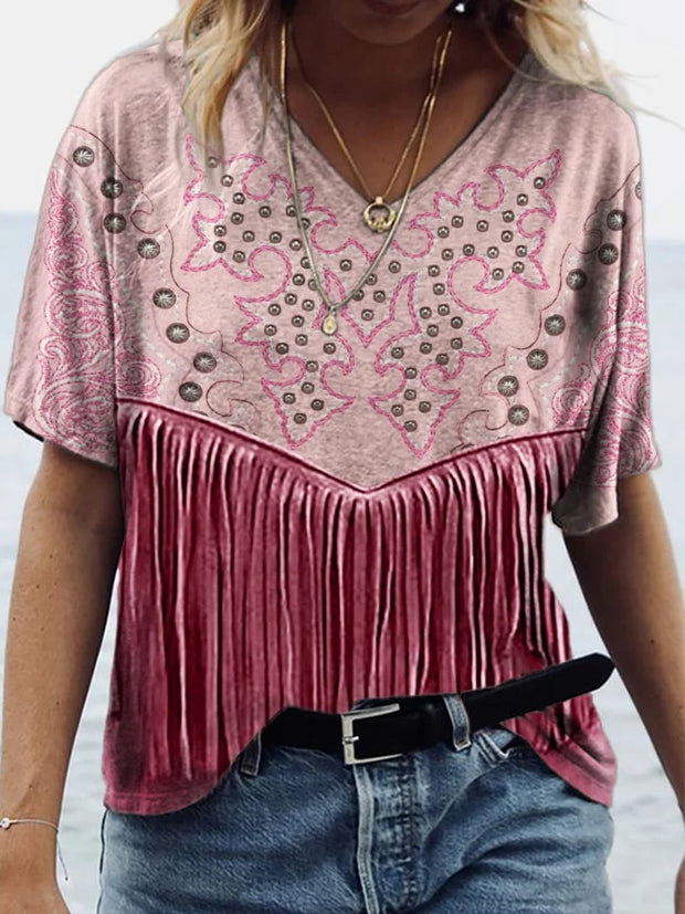 Women's Western Pink Embroidered Tassel V-Neck T-Shirt