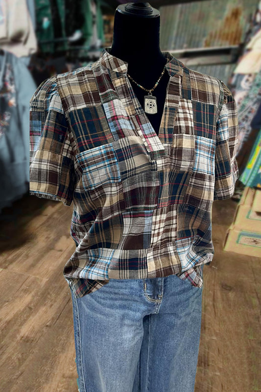 Casual Plaid V-Neck Top