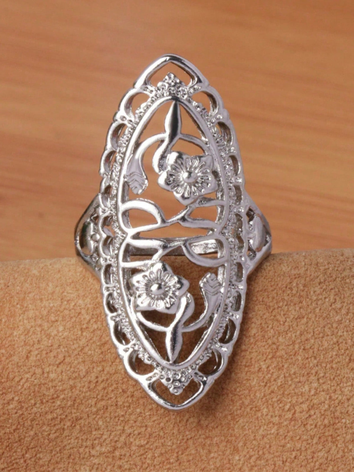Ideal For Sunset Shoots — Antique Gold Heavy Hollow Floral Relief & Vintage Elongated Shield Silhouette Premium Alloy Statement Boho Ring