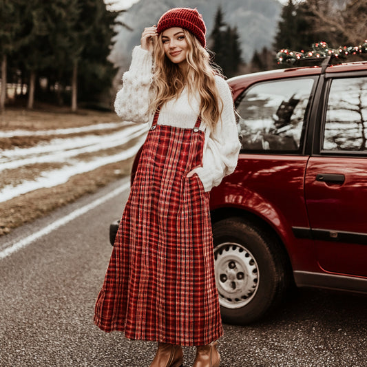 Women Christmas Party Plaid Print Suspender Dress