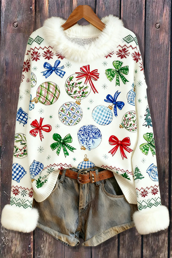 Christmas Ornaments Print Faux Fur Collar Sweatshirt