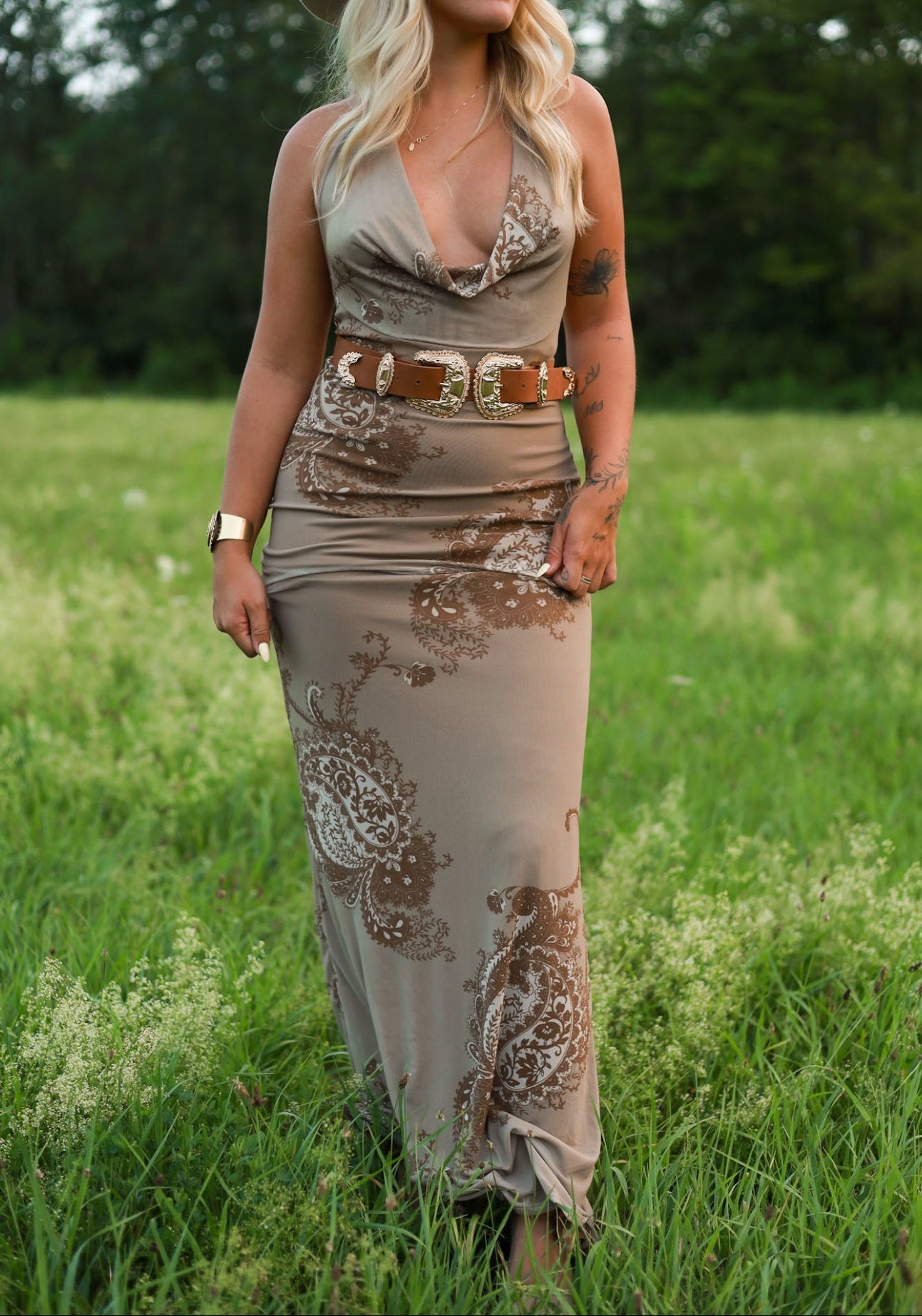 Cowl Halter Neck Floral Sleeveless Dress