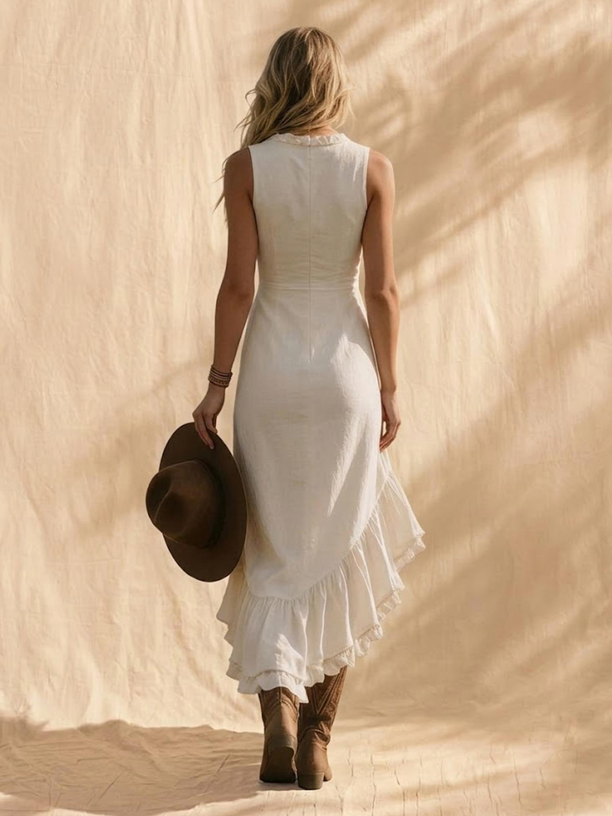 Desert Vacation Essential — Ivory White V-Neck Ruffle Trim Tencel High-Low Sleeveless Dress