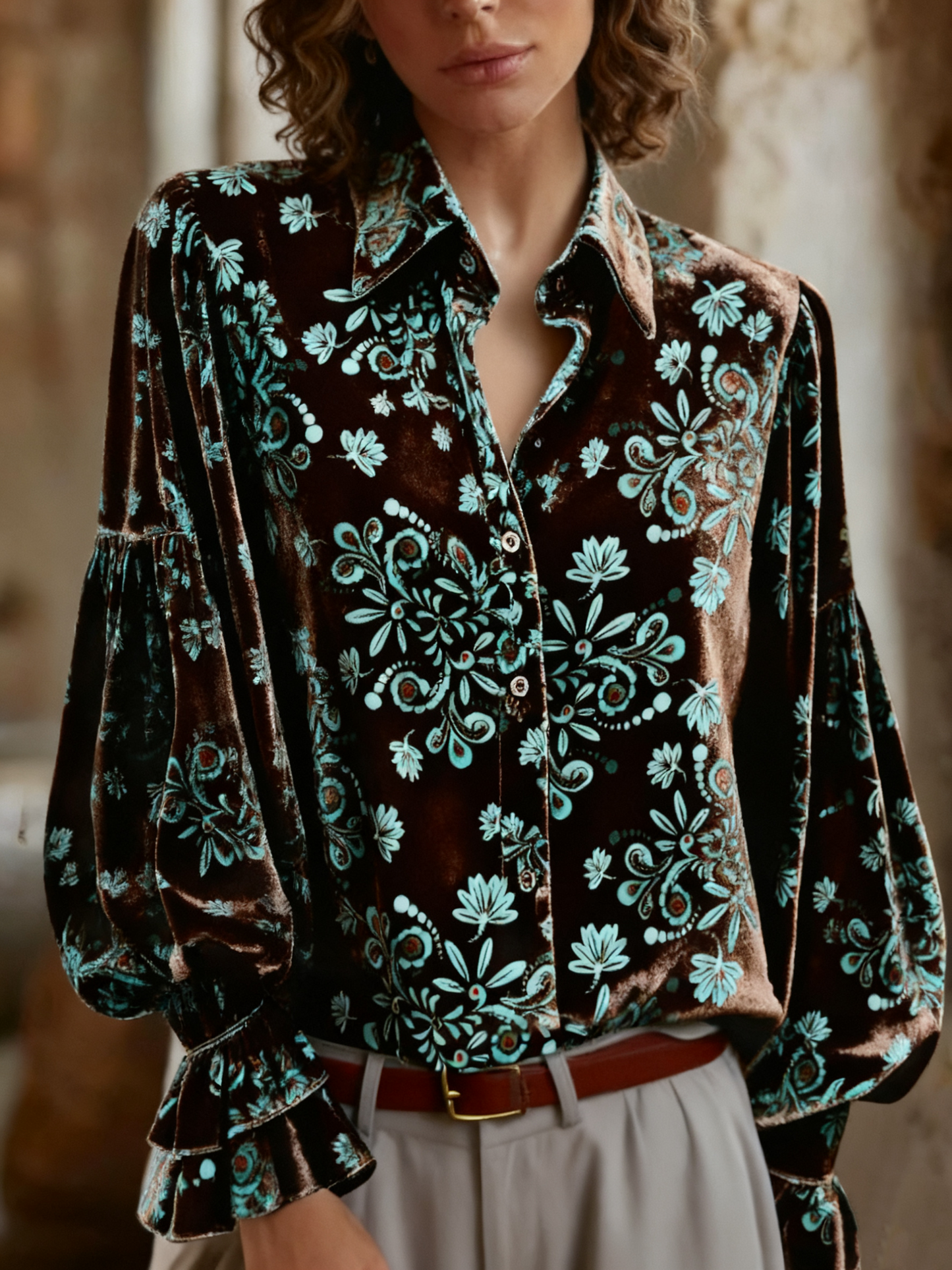 Retro Floral Print Lantern Sleeve Velvet Top