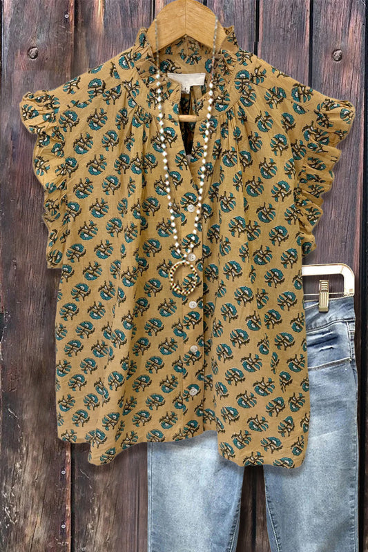 Chic Floral Print Button Detailed Ruffle Sleeve Top