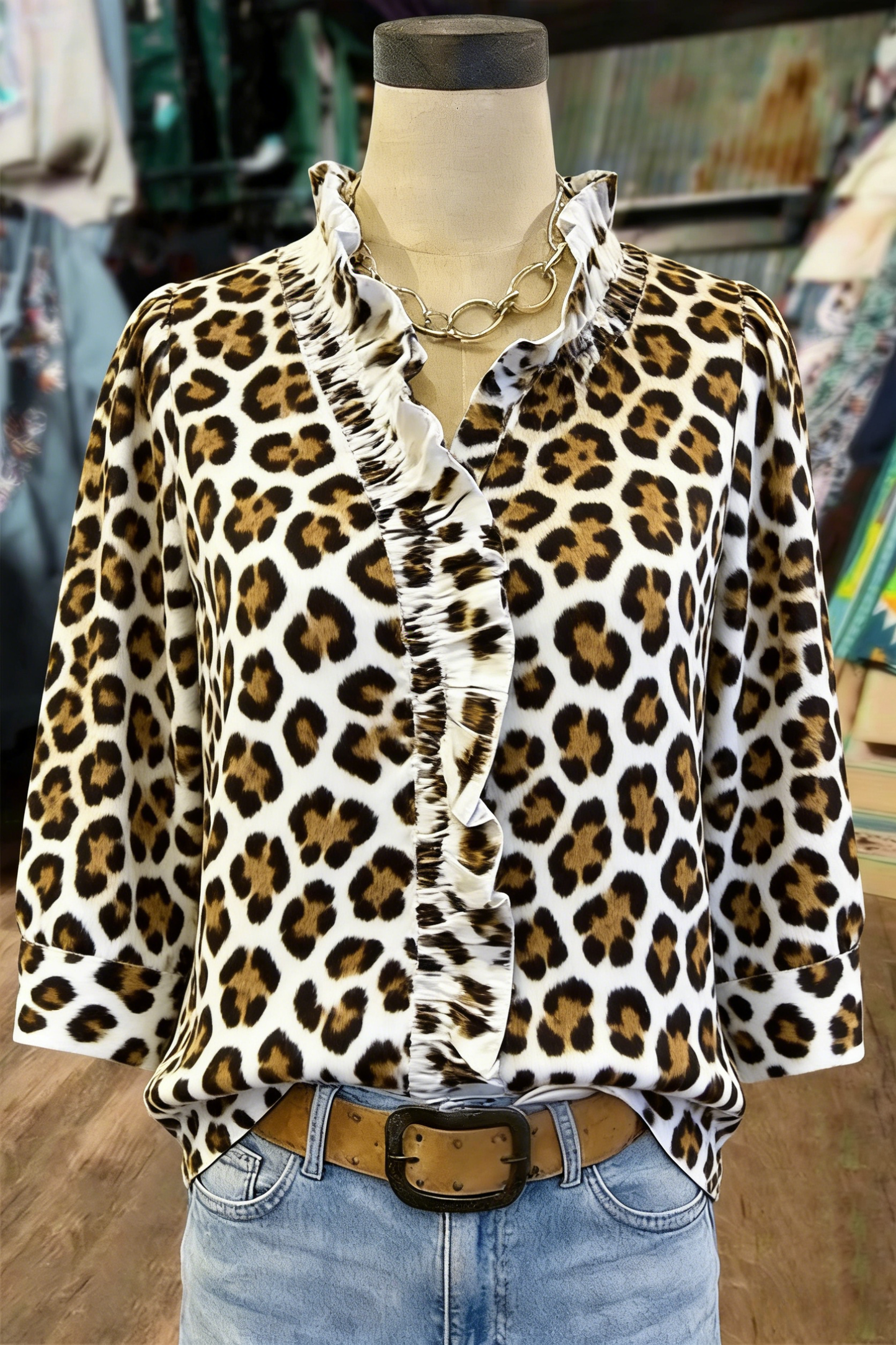 Leopard Print Ruffle-Neck Blouse – Bold Animal Print 3/4 Sleeve Top