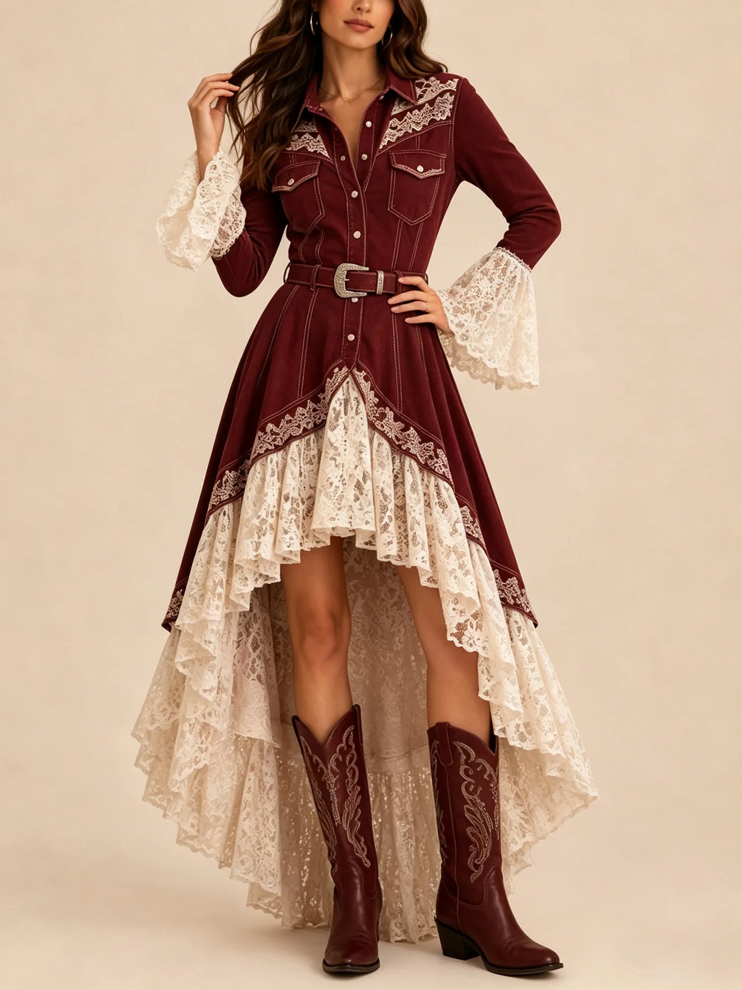 Claret Lace Patchwork Collared Button-Down Belted Bell Sleeve High-Low Tiered Ruffle Western Maxi Dress