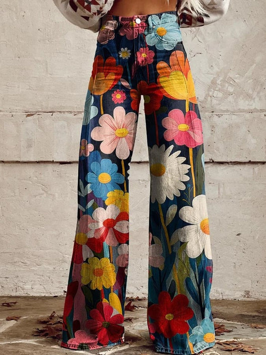 Women's Colorful Flower Geometric Pattern Print Casual Wide Leg Pants