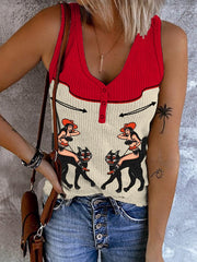 Women's Retro Western Cowgirl Black Cat Print Button V Neck Vest