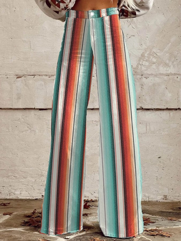 Women's Retro Western Stripes Print Casual Wide Leg Bell-Bottoms