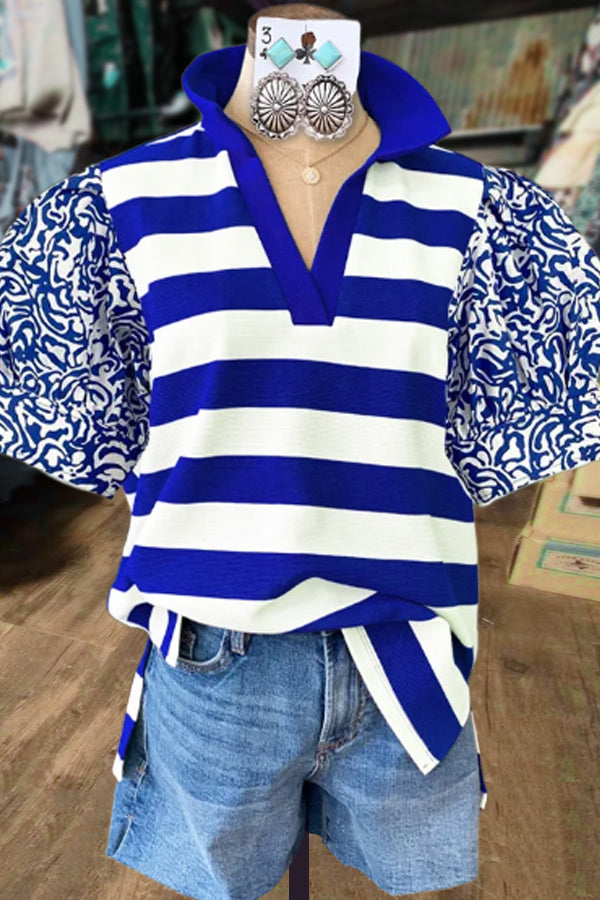 Striped Collared Puff Sleeve Top