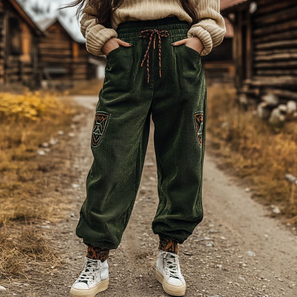 Women's Loose Corduroy Casual Trousers, Simple Ethnic Style Comfortable Elastic Waist Small Leg Trousers