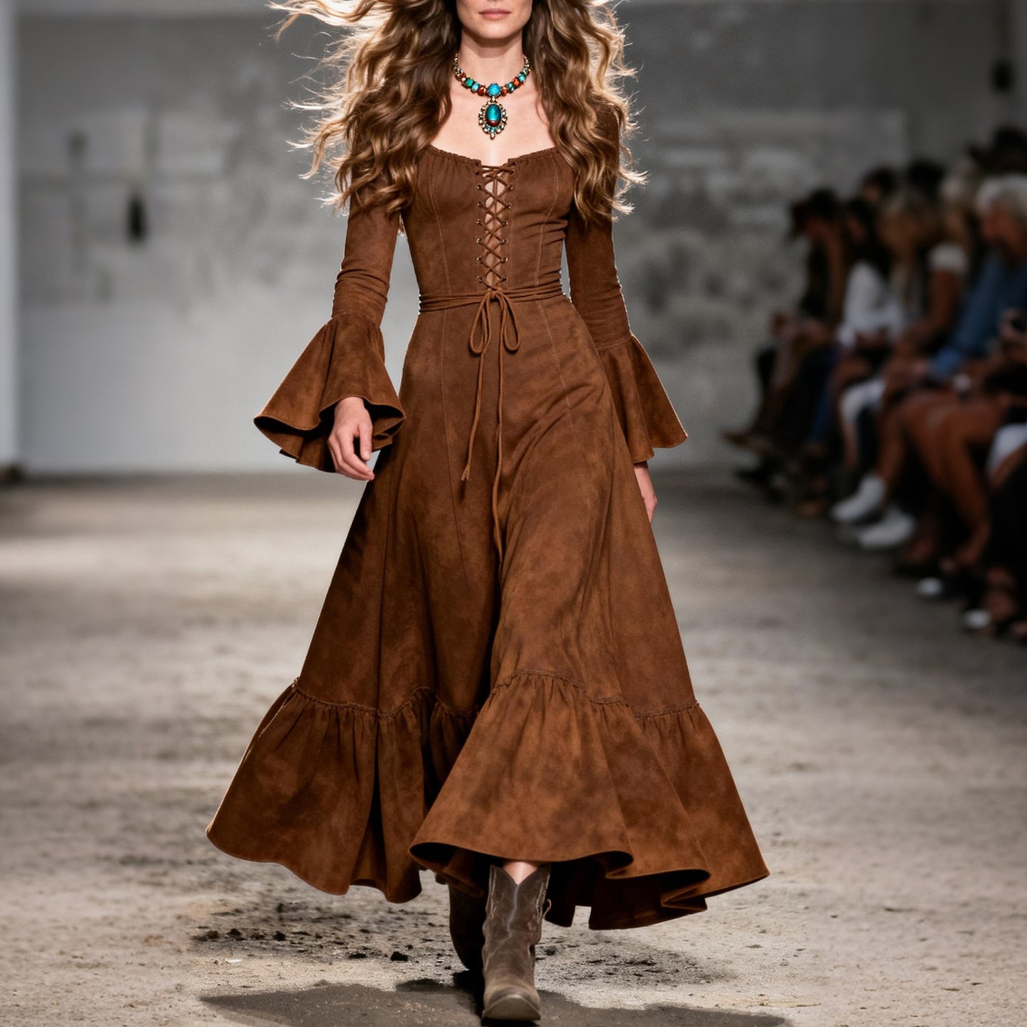 Women's Retro Square Neck Thin Strap Trumpet Sleeve Long Sleeve Long Dress