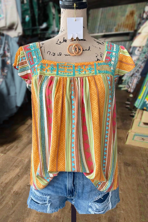 Colorful Graphic Print Square Neck Top