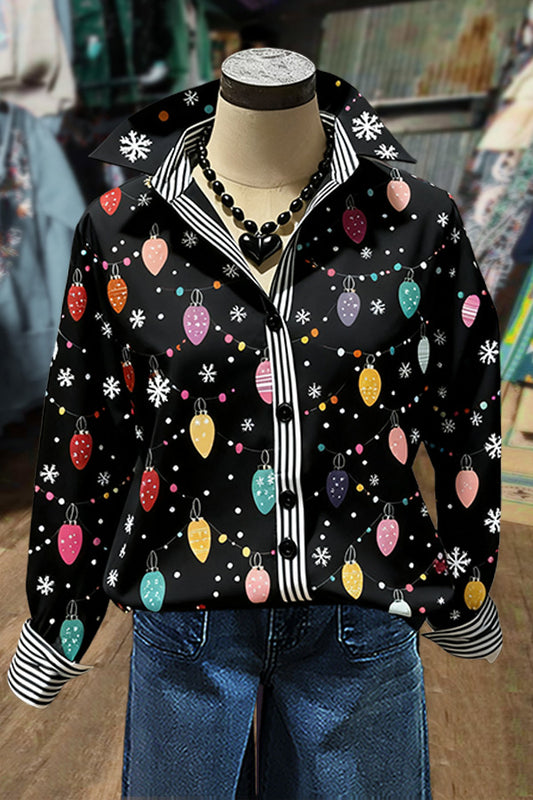 Colorful Christmas Lights Print Long Sleeve Blouse