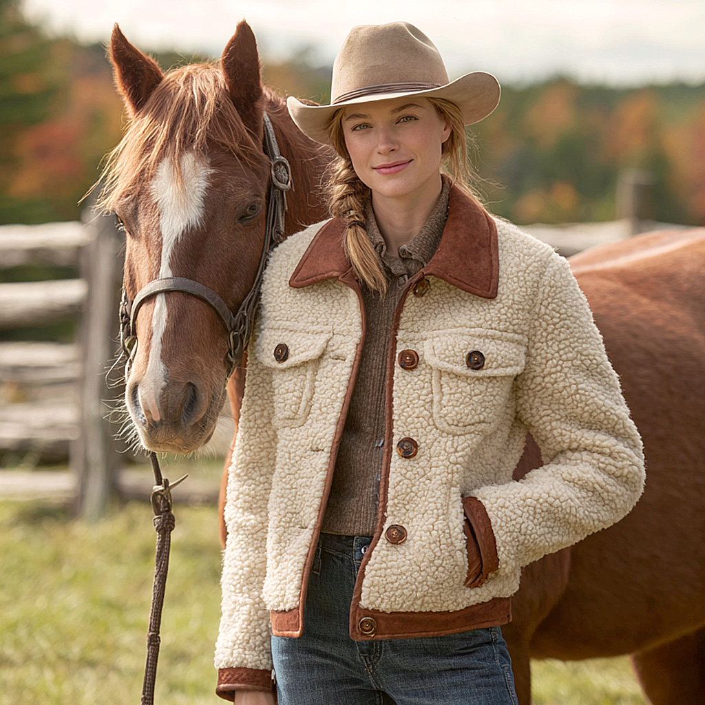 Women's Autumnal Equestrian Style Cozy Sherpa Retro Western Cowboy Style Lamb Fleece Jacket