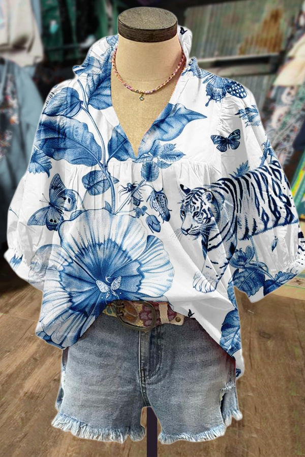 Mixed Floral Tiger Print Puff Sleeve Top