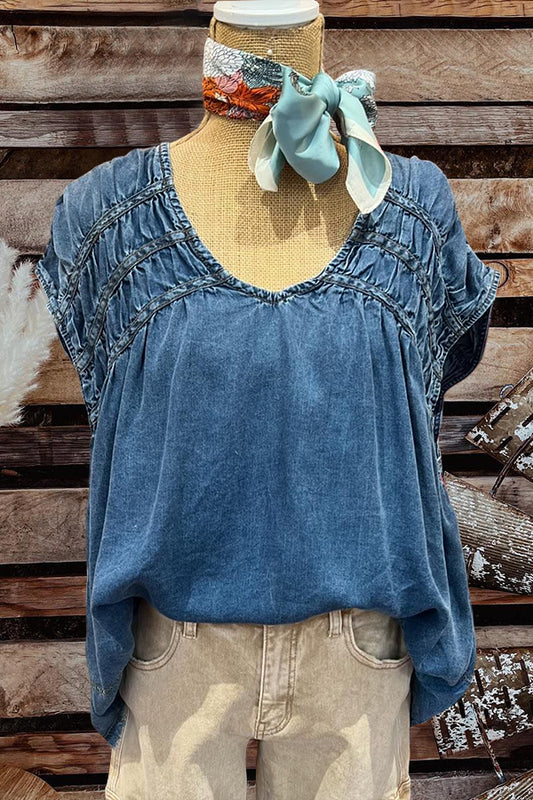 Pleated V-neck Casual Denim Shirt