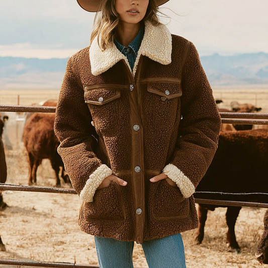 Women's Vintage Rustic Elegance: Brown Sherpa Jacket With Cream Trim