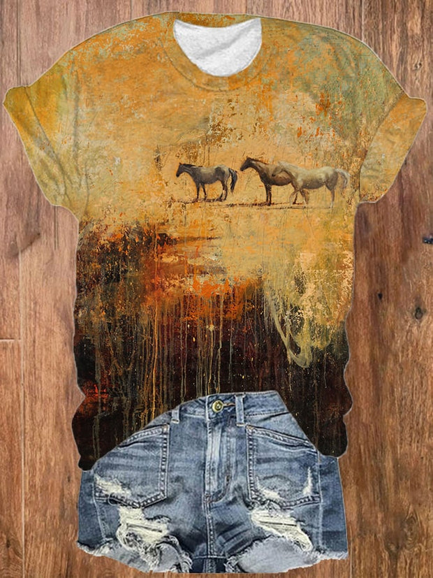 🔥Buy 2 Get 5% Off🔥Women's Oil Painting Galloping Horse Print T-Shirt