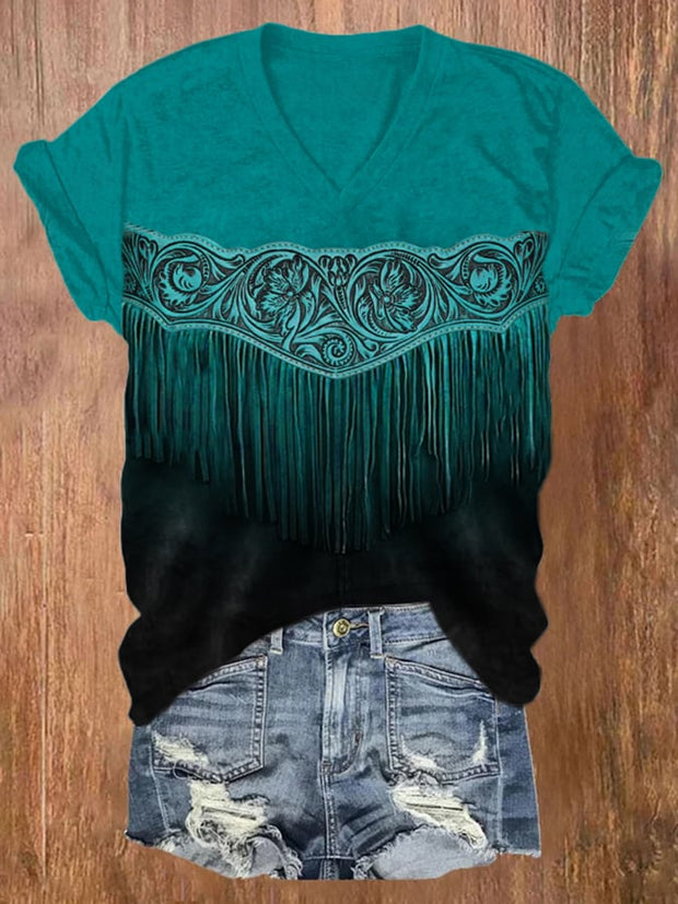 Western Vintage Turquoise Fringe Print T-Shirt