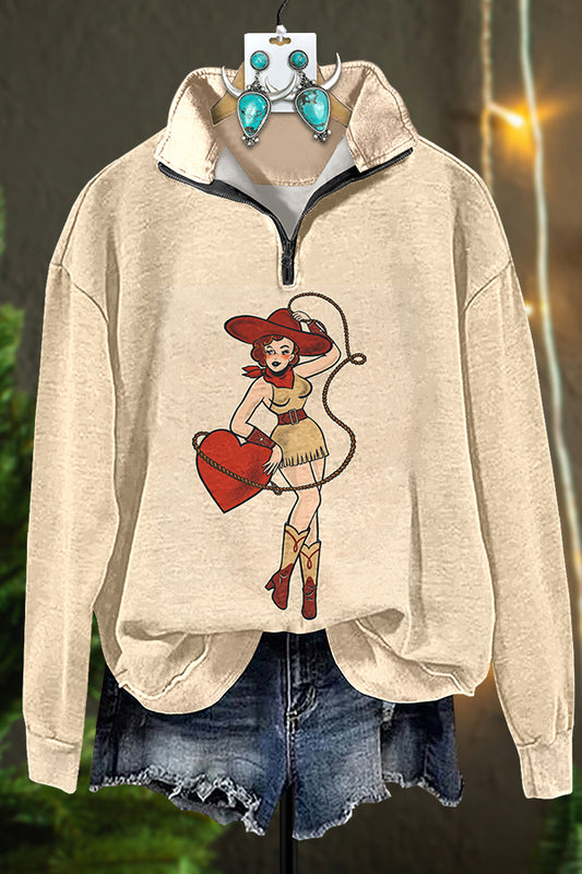 Western Valentine's Day Cowgirl Heart Zipper Sweatshirt