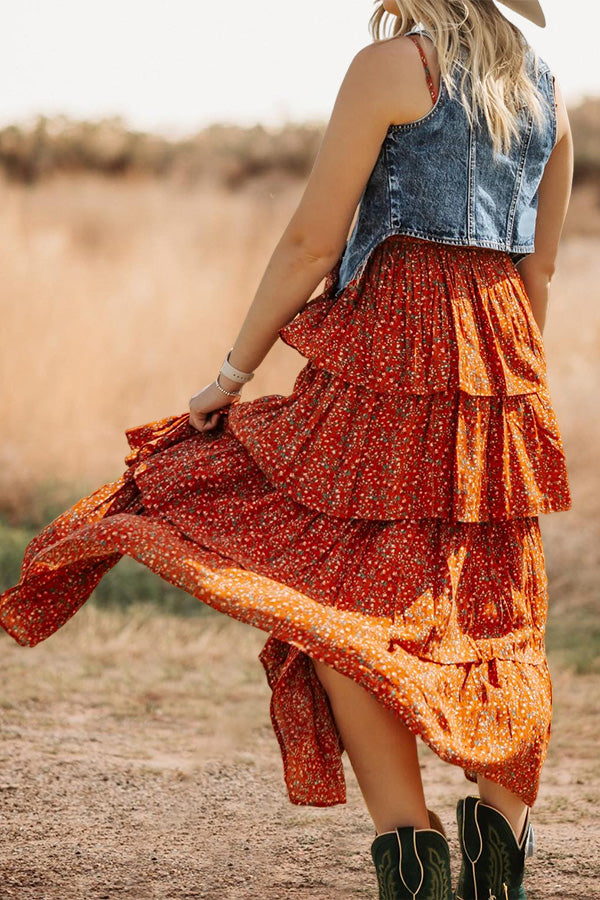 Floral V-Neck Slit Ruffle Maxi Dress