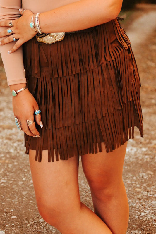 Vintage Suede Stretch Fringe Tiered Skirt