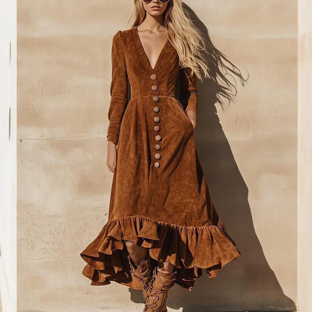 Women's Vintage Elegant Brown Velvet Maxi Dress With Ruffled Hem