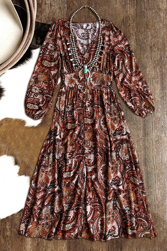 Paisley Floral V-Neck Long Sleeve Button Up Maxi Dress