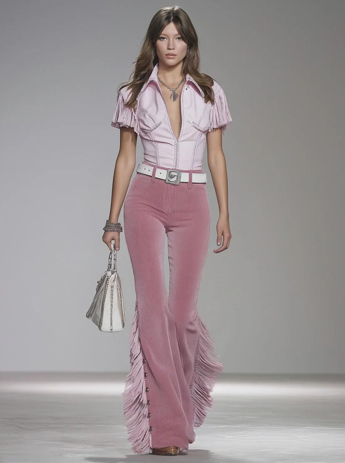 Pink Corduroy Flared Trousers With Tassels And Rivets