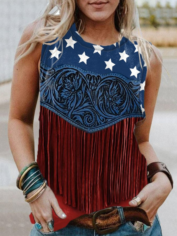 Women's American Flag Pattern Floral Tassel Art Tank Top