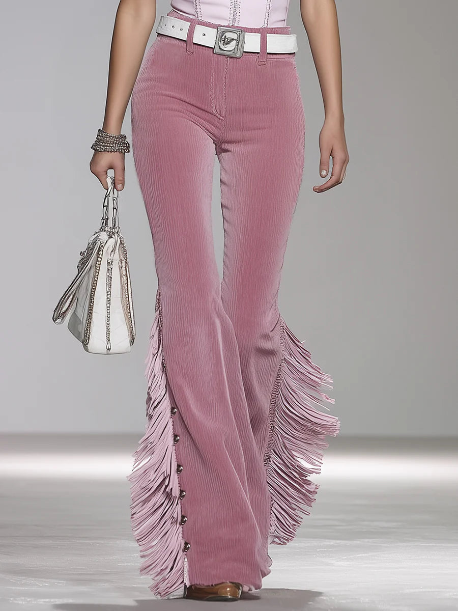 Pink Corduroy Flared Trousers With Tassels And Rivets