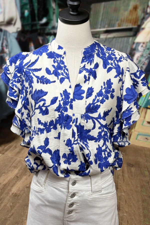 Blue Floral Print Flutter Sleeve Top