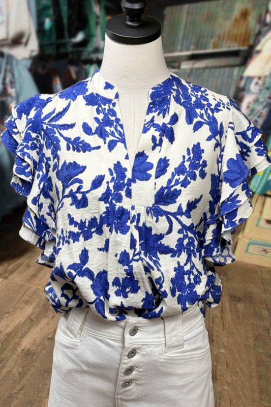 Blue Floral Print Flutter Sleeve Top