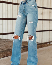 Women's Vintage Washed Ripped Wide Leg Jeans