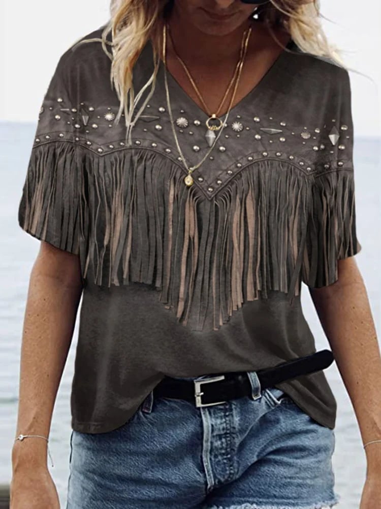 Women's Vintage Western Tassel Print V-Neck T-Shirt