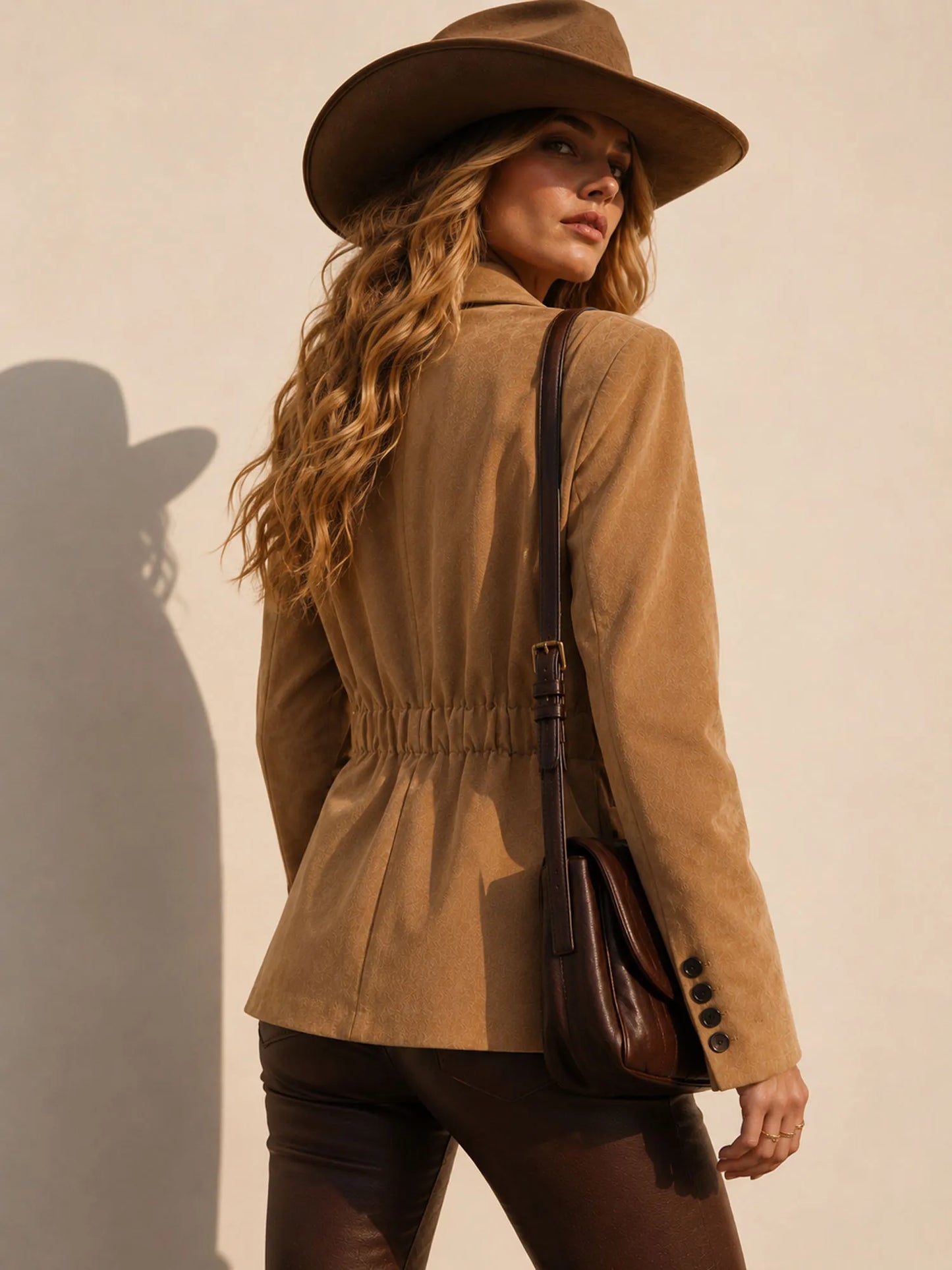 Brown & Red Faux Suede Structured Shoulder Single Button Western Blazer
