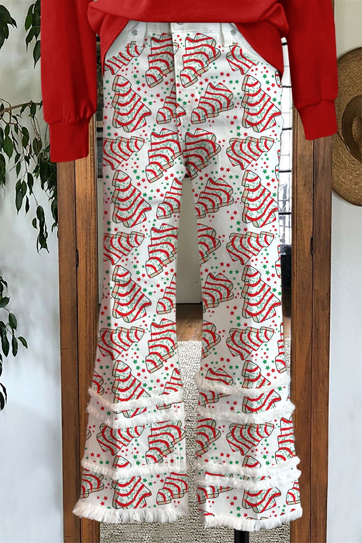 Christmas Tree Candy Raw-Hem Pants