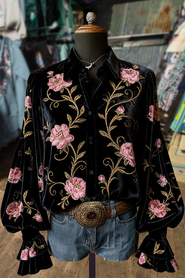 Retro Floral Embroidered Button Up Velvet Top
