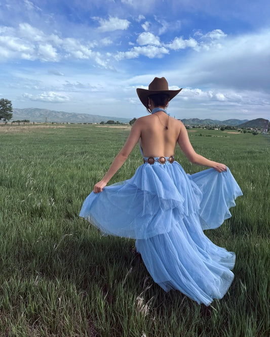 Blue Halter Maxi Tulle Dress