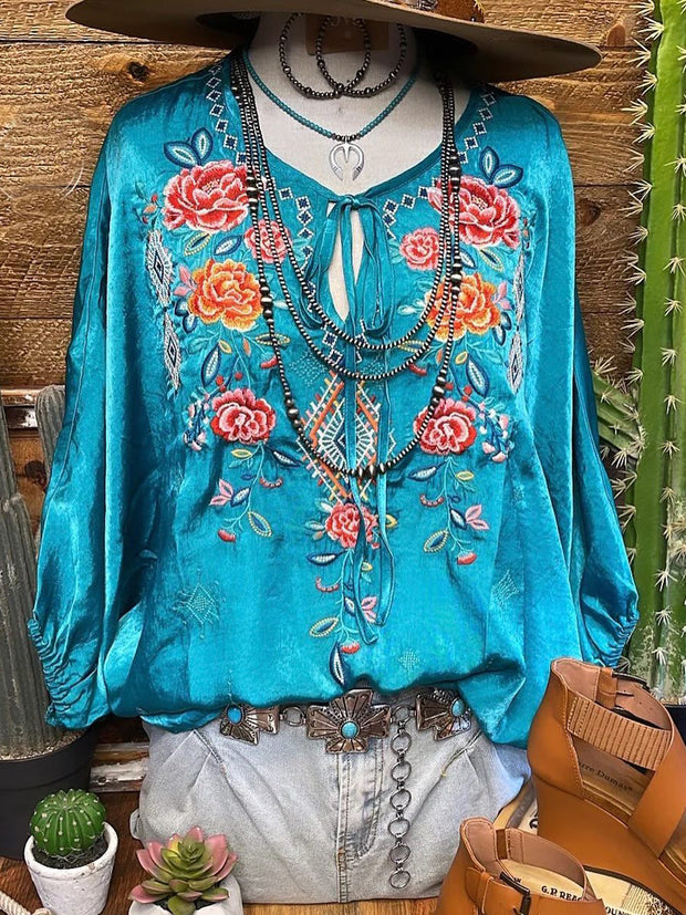 Women's  flower embroidered shirt